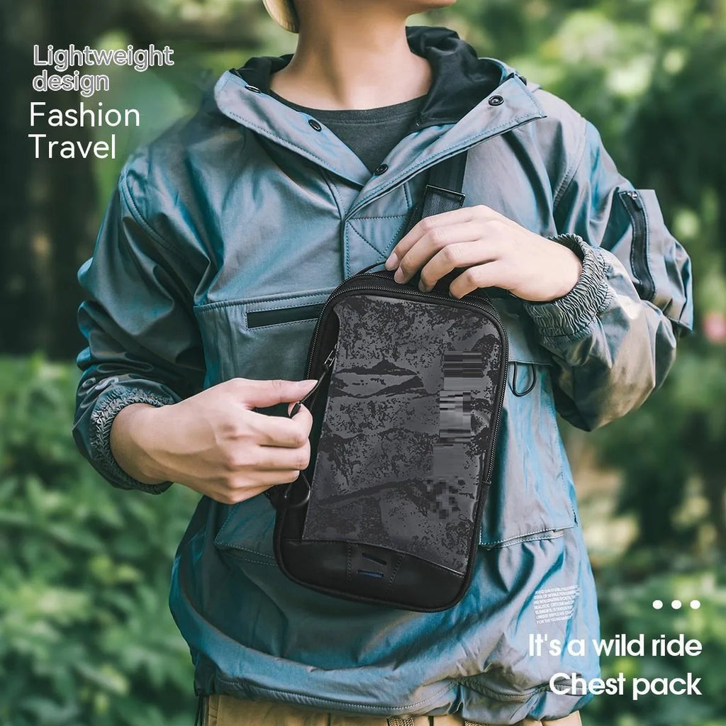 Casual black waterproof TPU chest pack with shoulder strap and soft handle in a street style.