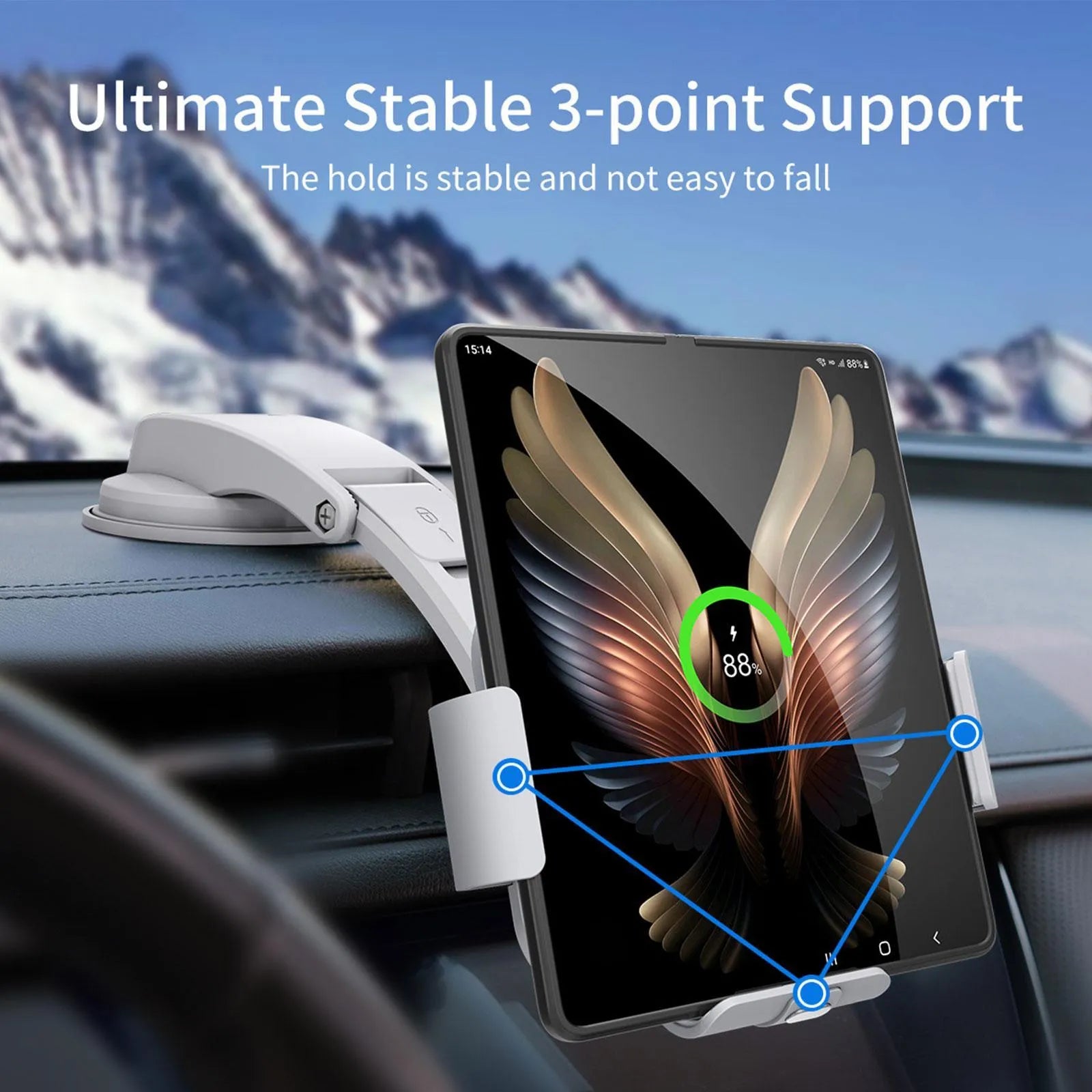 Grey wireless car phone holder with folding screen showing air conditioner clip and suction cup mounting options