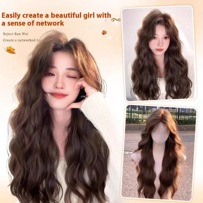 Full-head wig with long curly hair and side bangs in high temperature fibre material