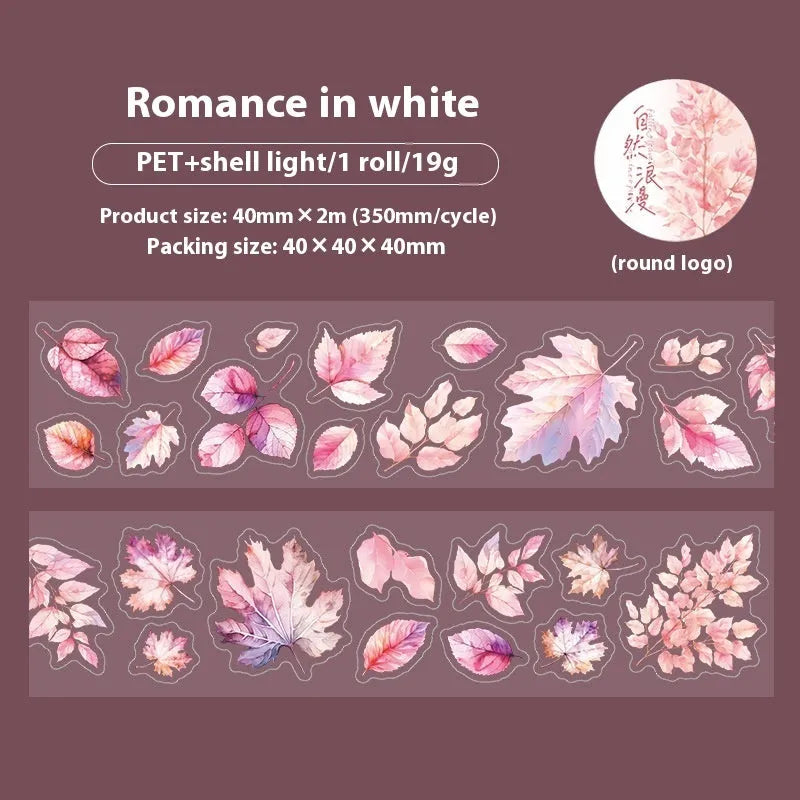 Roll of PET decorative stickers showing six botanical colour designs with 40mm width and 2m length dimensions