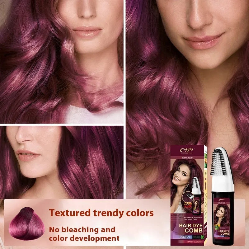 Hair dye kit with comb applicator showing Black, Wine Red and Brown colour options