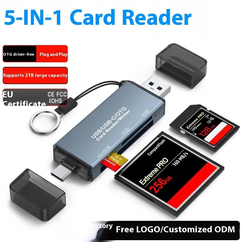 CF SD TF three-in-one card reader with USB 2.0 and TYPE-C interfaces in aluminium alloy casing