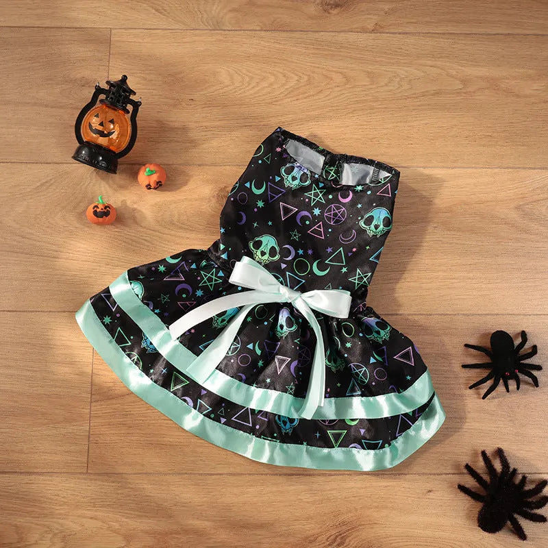 Halloween dog skirt with colourful pumpkin and skull prints in double-layer polyester