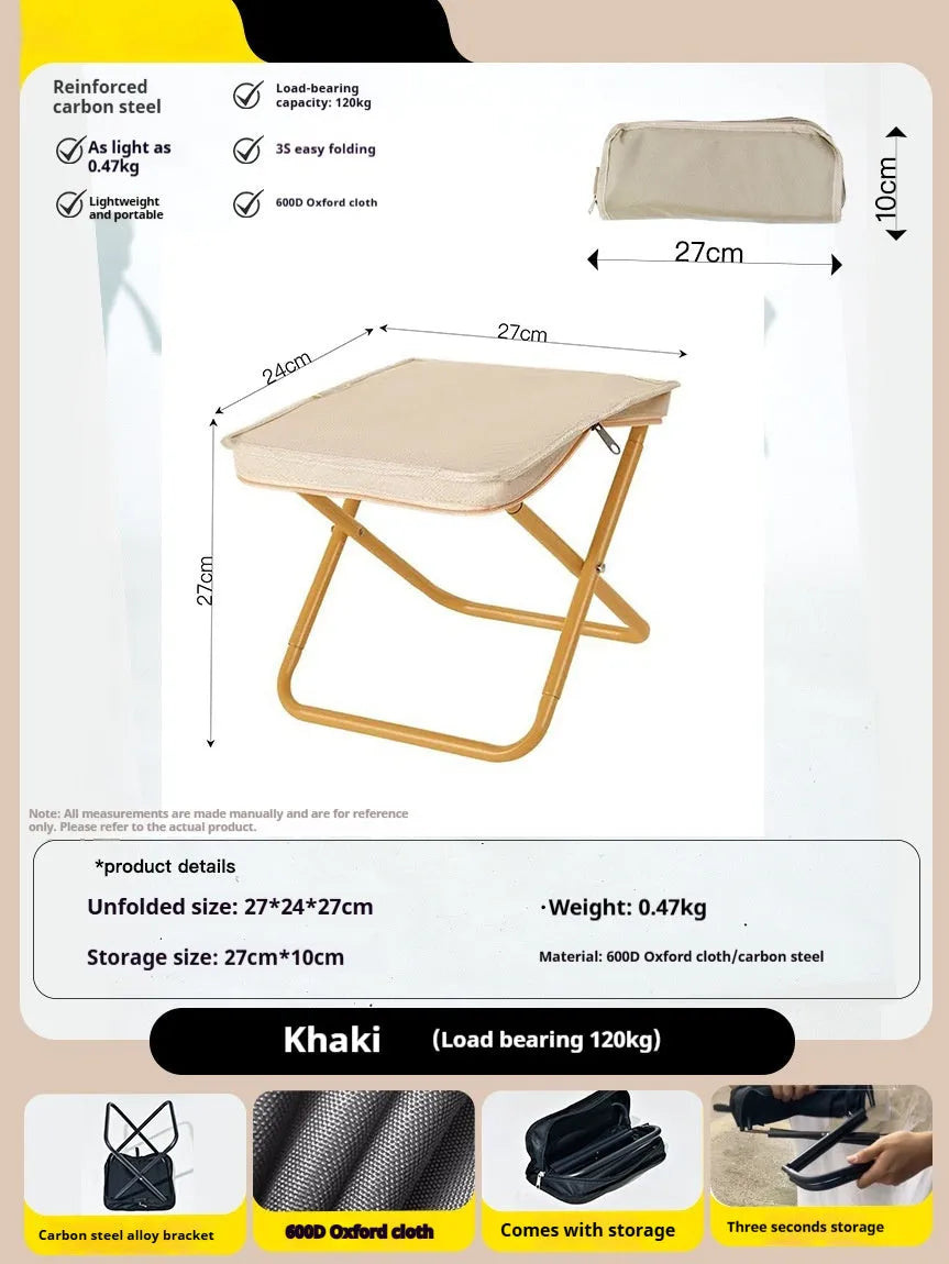 Foldable outdoor camp stool in oxford cloth shown in a khaki colour, folded compactly.