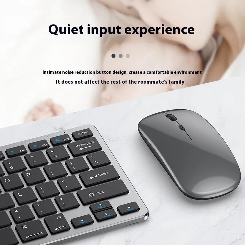 Ultra-thin black wireless keyboard and mouse set with receiver and cover on a desk