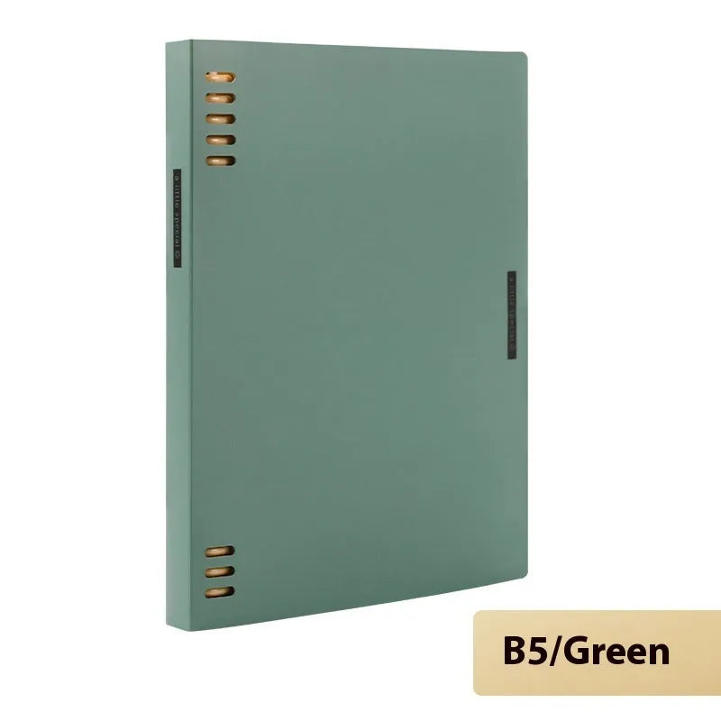 Loose-leaf spiral notebook with PP cover open, showing raw wood pulp pages in A5 or B5 size.