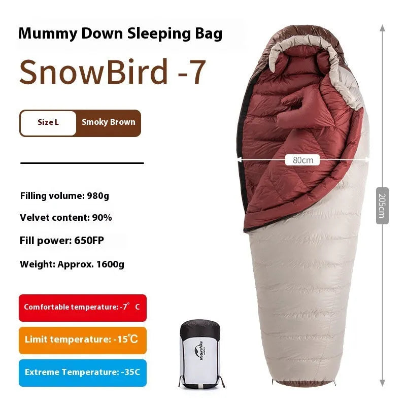 Goose down mummy sleeping bag for adults in Snowbird colour with storage bag