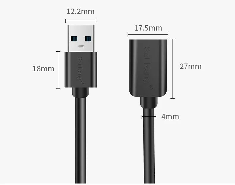 Black USB male to female extension cable showing connector details and available in multiple lengths.