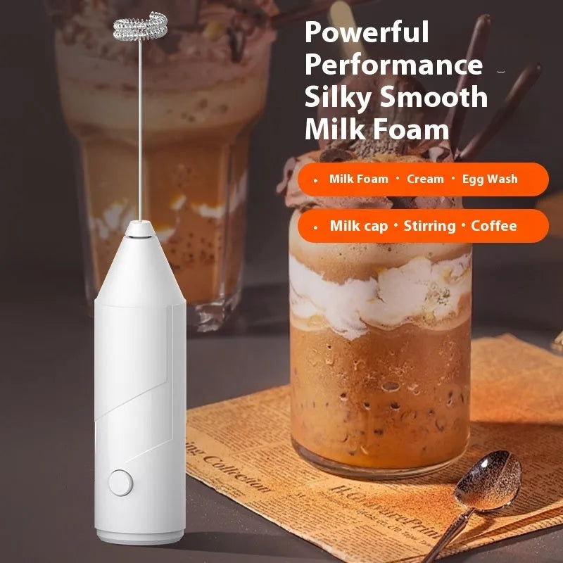 Mini handheld electric milk frother in black, white, or khaki with USB charging cable