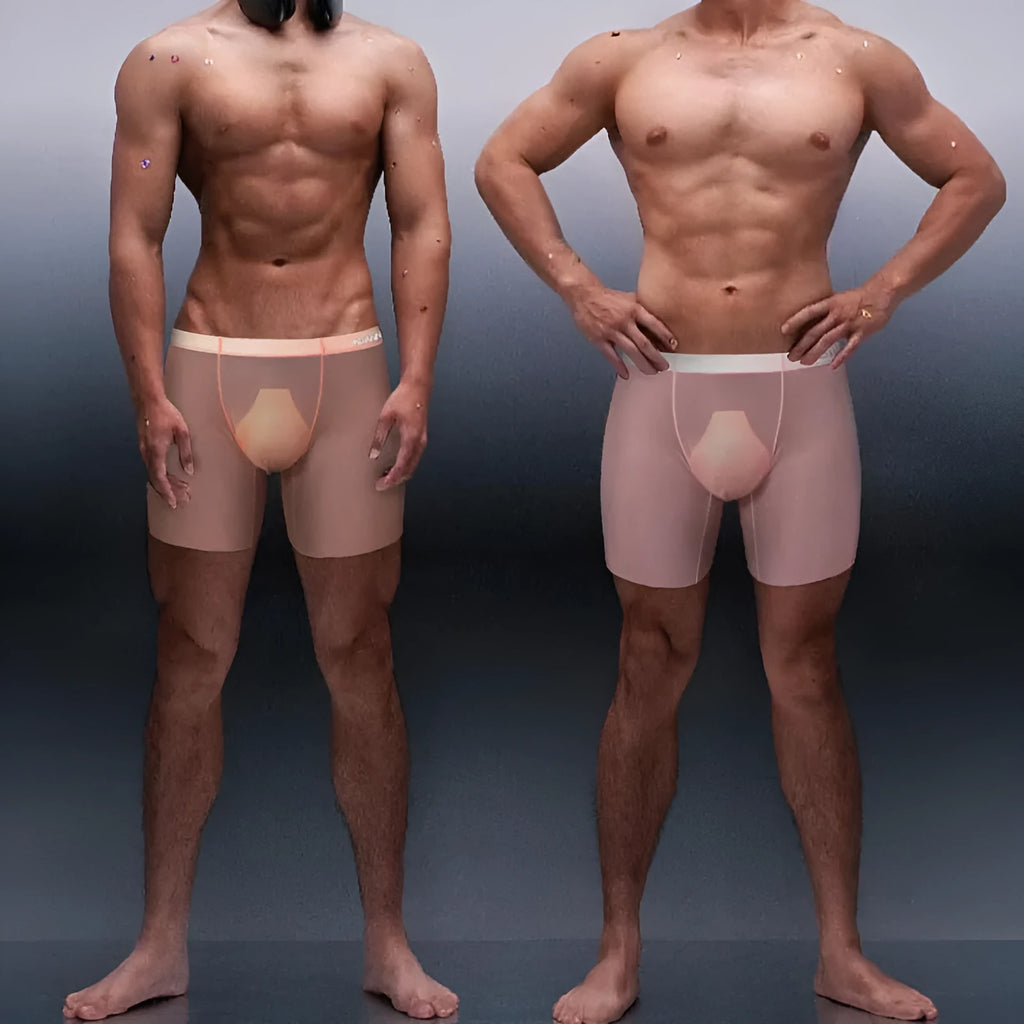 Men's orange seamless low-waist boxer shorts with quick-dry nylon fabric for exercise.