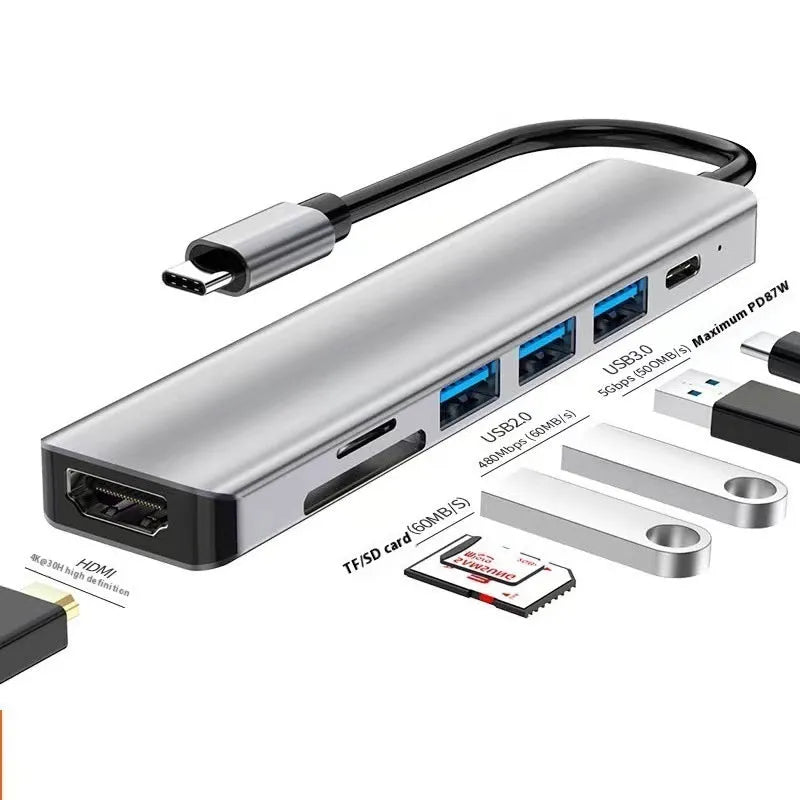 Type-C 7-in-1 expansion dock with HDMI port, USB 3.0 ports, and a 15cm black connecting cable.