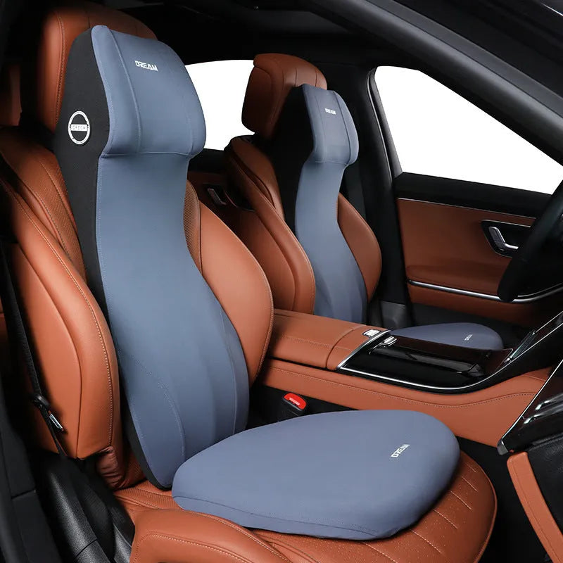 Integrated memory foam car headrest and lumbar support cushion in black, brown, red, green, blue, or grey colours