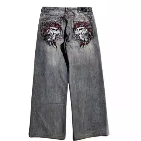 Men's washed grey straight-leg jeans with a wide-leg casual workwear design on a neutral background.