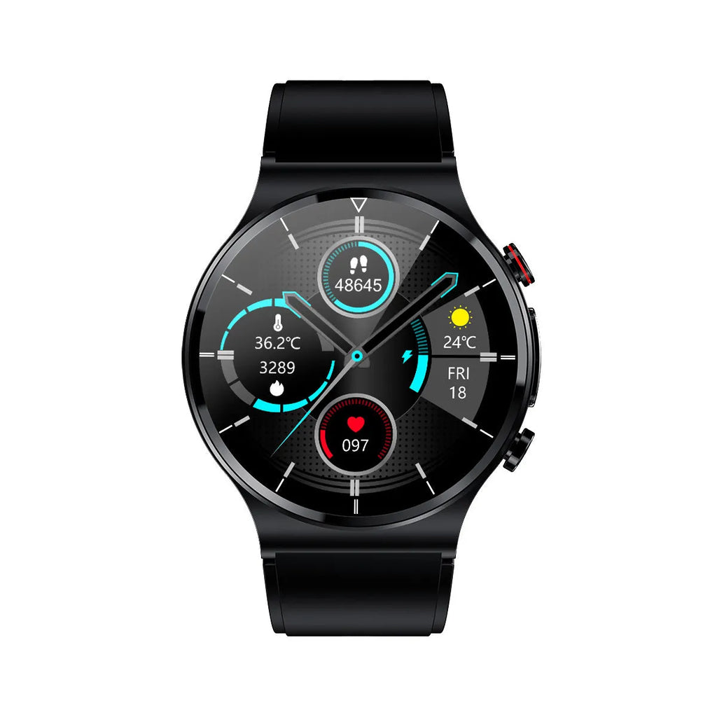 Smart watch with wireless charging and ECG monitoring, 1.32-inch screen, metal alloy case, black leather strap
