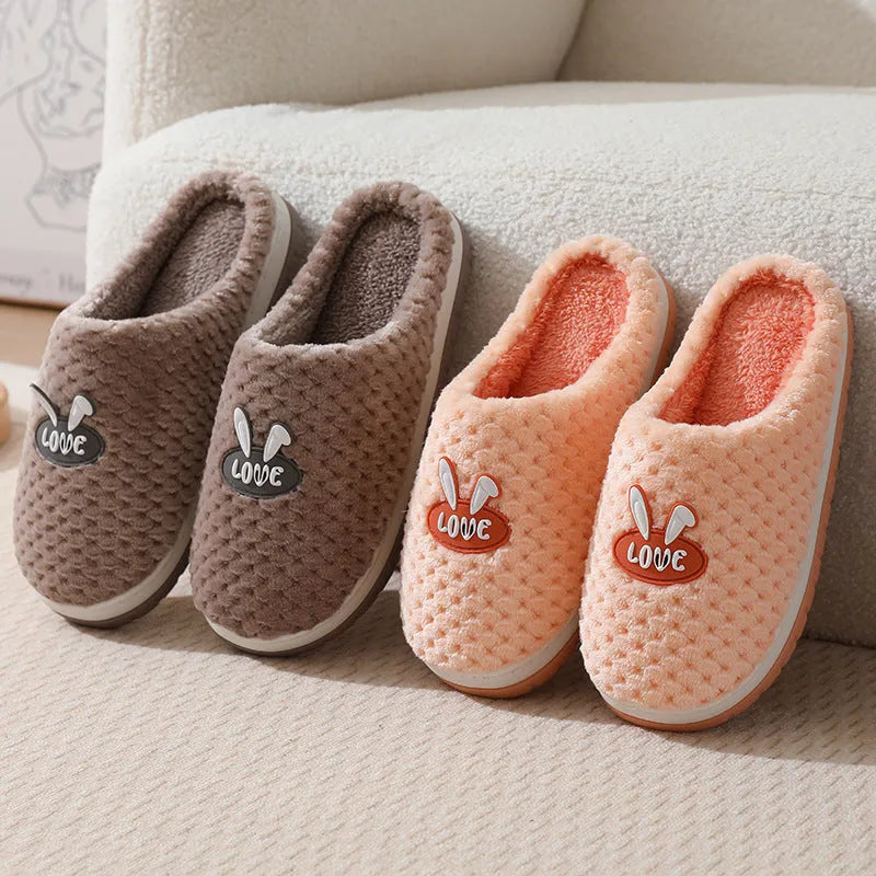 Women's rabbit plaid design winter slippers with thick rubber soles in apricot colour option