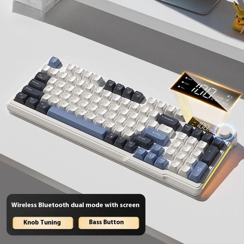 Wireless Bluetooth keyboard and mouse combo with mechanical-style keys in blue and white colour scheme