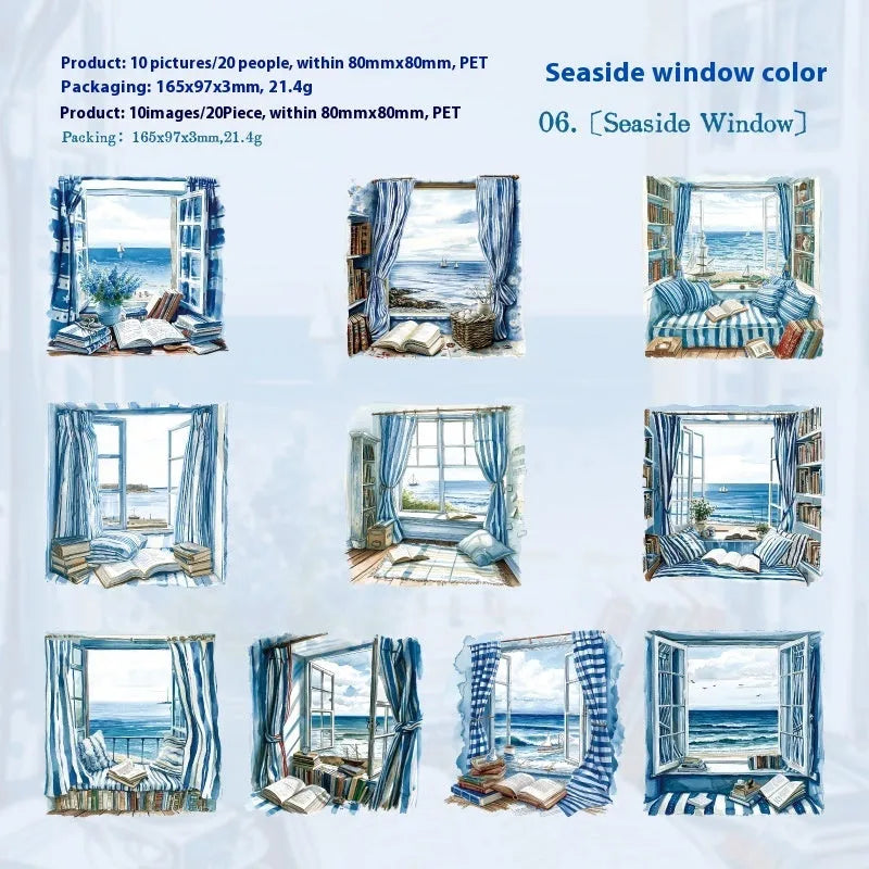 Retro style Window Story Series decorative journal stickers showing six different window-themed colour designs