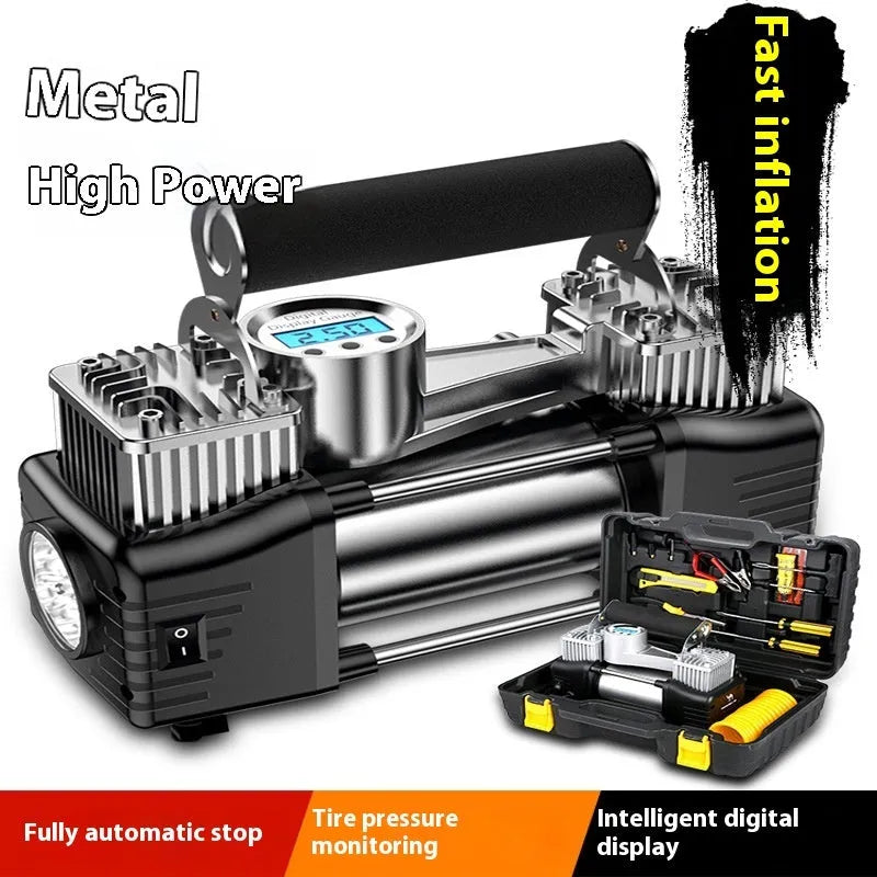 High-power portable car inflator with double cylinder digital display, battery clip, and air nozzle on black background