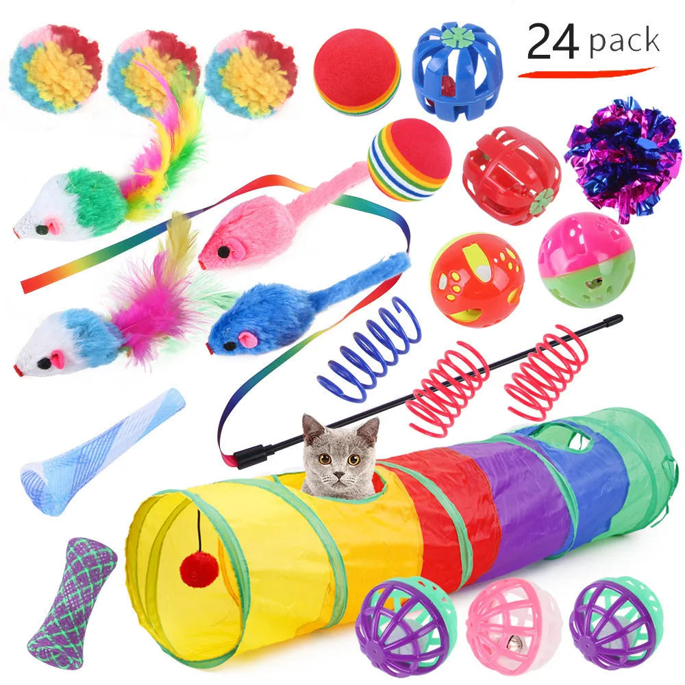 Plastic cat toy channel maze set with coloured accessories for feline play