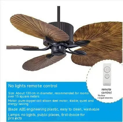 Retro-style brown and copper ceiling fan light with wooden blades and integrated lights.