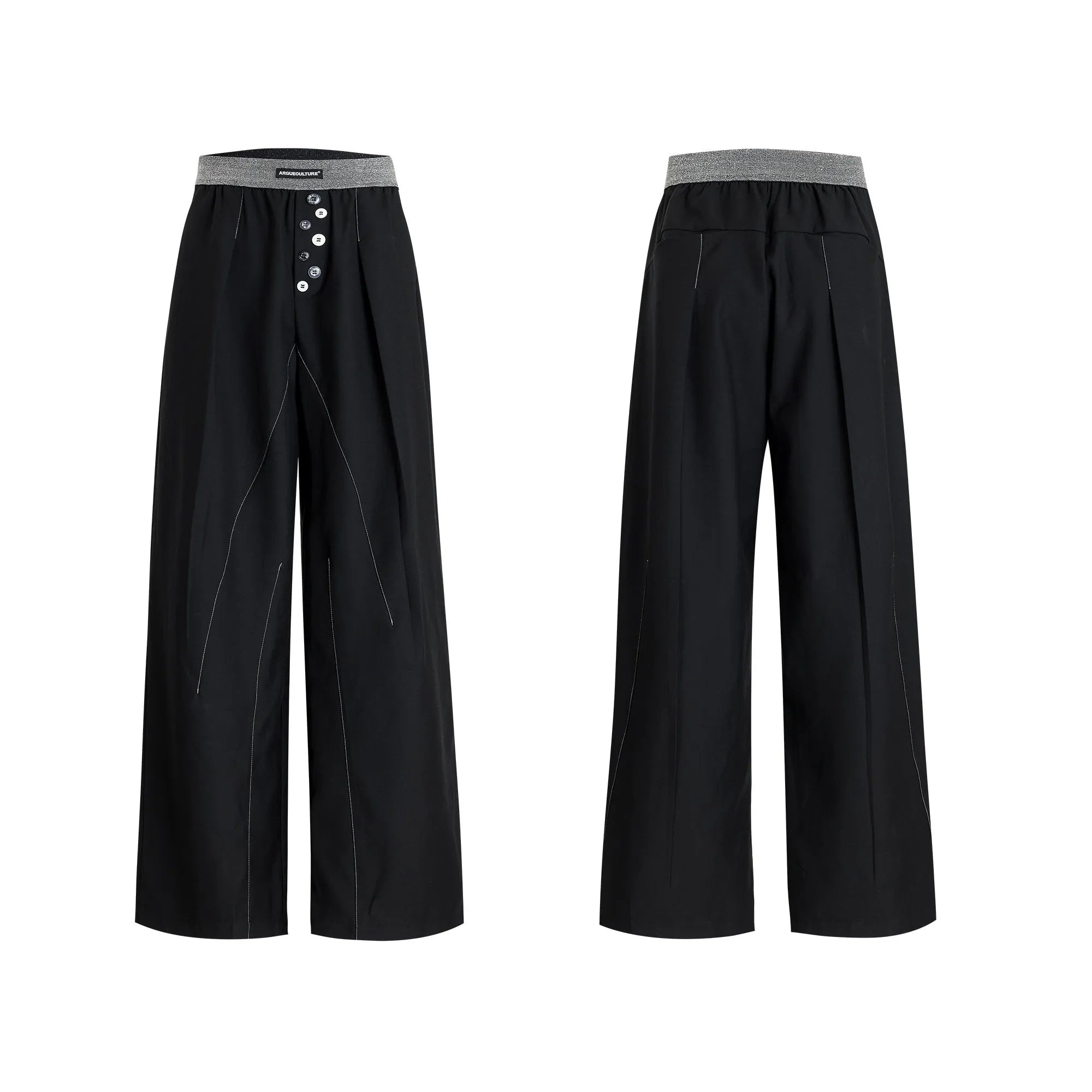 Straight-leg high-waist trousers with button-fly front opening in black or grey