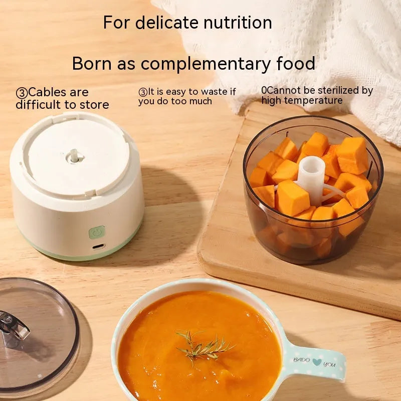 Mini electric food processor in light green with transparent cup and stainless steel blades on countertop.