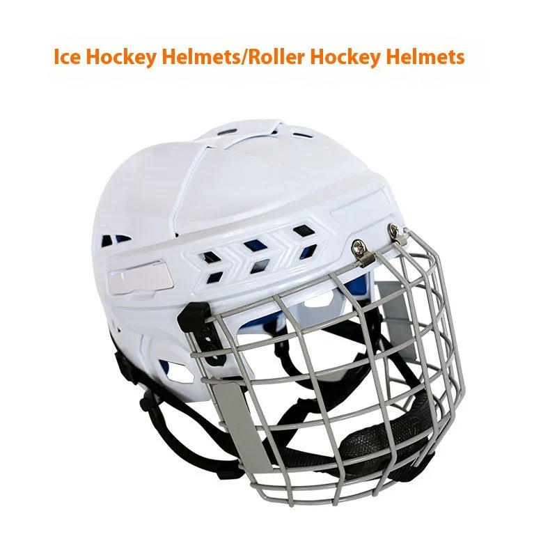Ice hockey helmet with carbon steel face mask, showing impact-resistant PP shell and cushioned EVA lining interior.