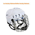 Ice hockey helmet with carbon steel face mask, showing impact-resistant PP shell and cushioned EVA lining interior.