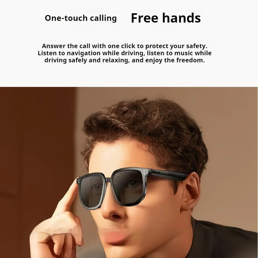 Black AI smart Bluetooth sunglasses with touch controls on the frame for audio functions.