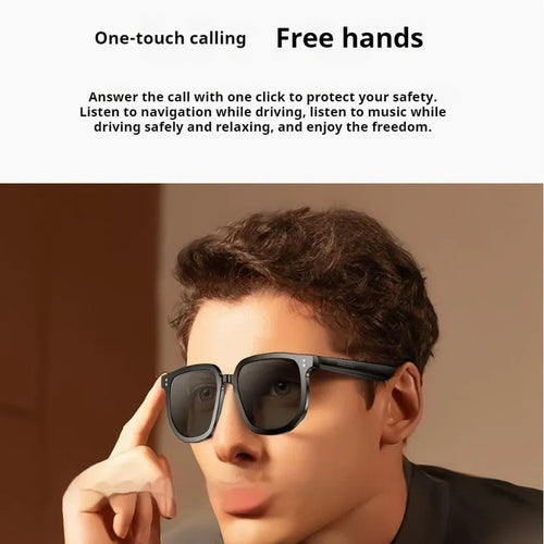 Black AI smart Bluetooth sunglasses with touch controls on the frame for audio functions.
