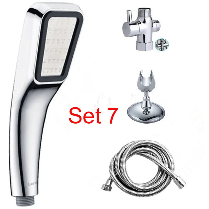 Orange hand-held pressurised shower set with rain shower head function