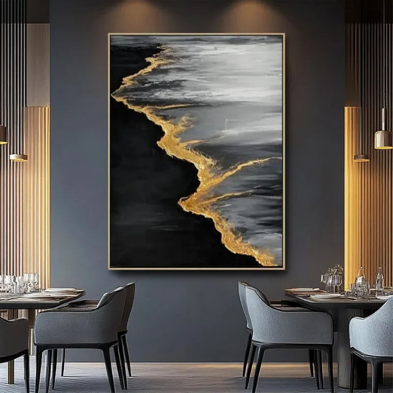 Hand-painted abstract golden beach and waves texture oil painting on canvas wall art for living room decor