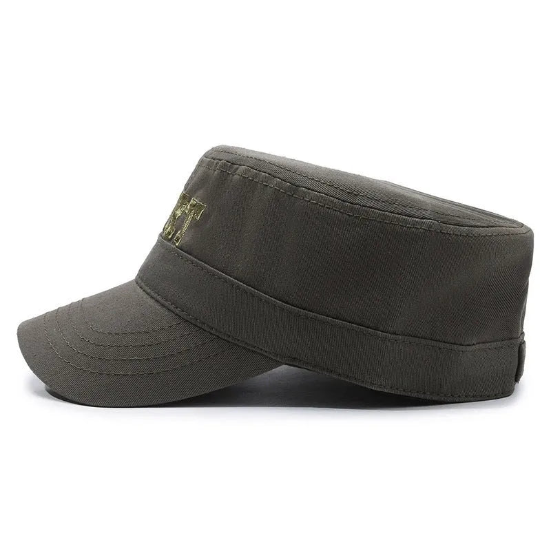 Men's flat-top cotton peaked cap with adjustable strap in army green colour