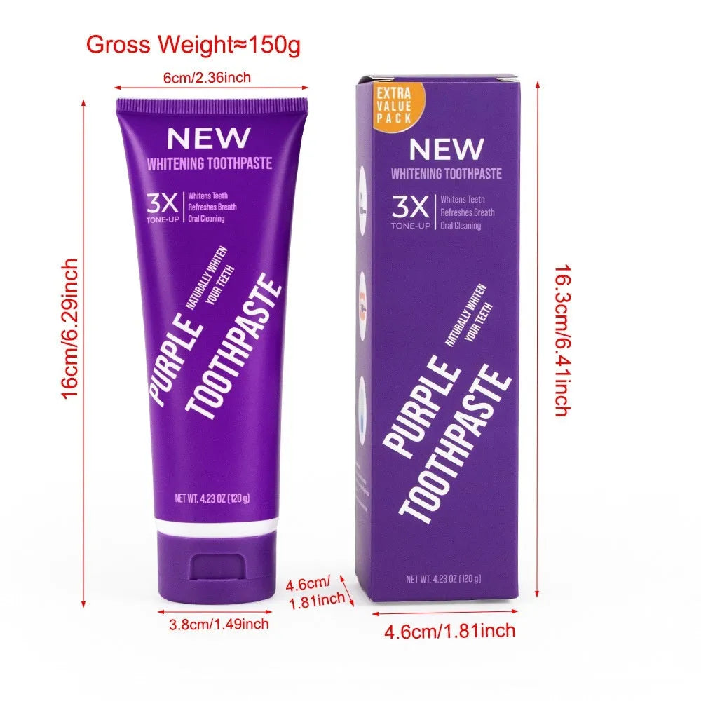 Purple whitening toothpaste tube for adults in 120g and 65g sizes for yellow stain removal
