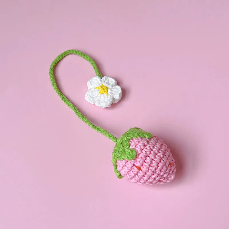 Handmade wool crochet strawberry pendant necklace with woven detail on 35cm cord