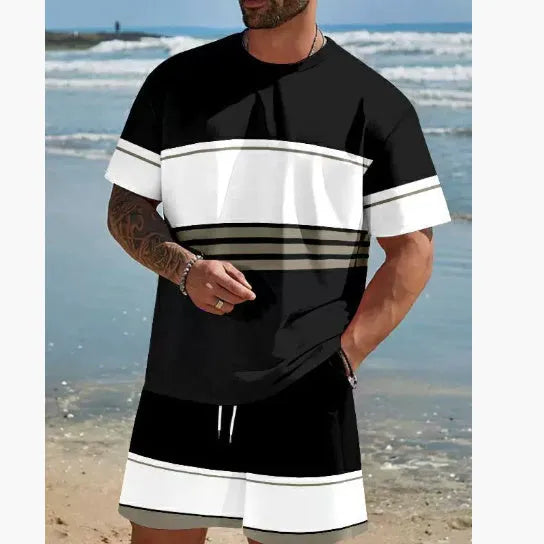 Men's loose-fit short-sleeved T-shirt and matching shorts in polyester summer leisure suit