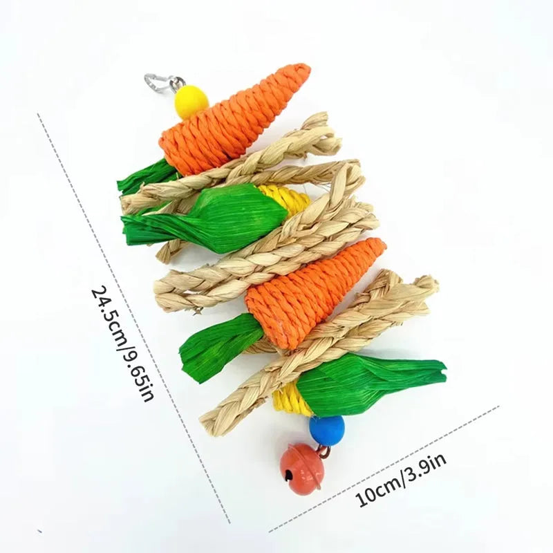 Parrot hanging chew toy with hook attachment for bird cage, featuring perch and climbing design