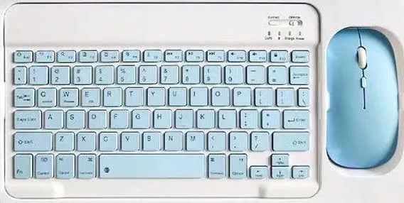 10-inch solid colour Bluetooth keyboard and rechargeable dual-mode mouse set on a desk.
