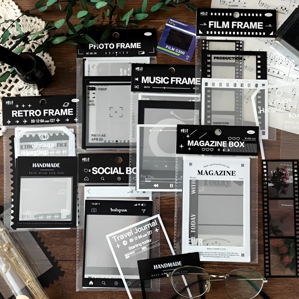 Frame Series retro decorative stickers showing photography, film, magazine, music, social, and frame designs on transparent PET paper