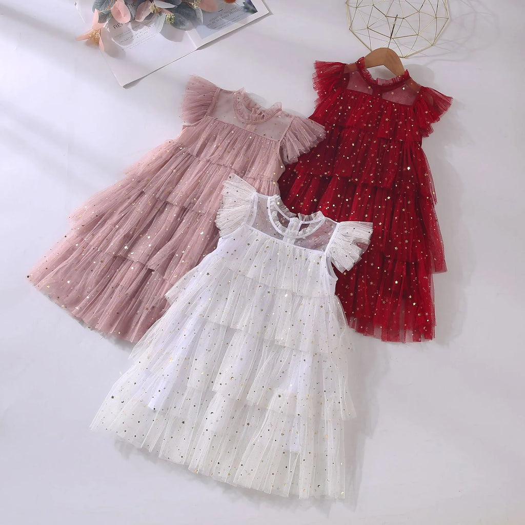Girls' sleeveless fairy princess dress with star sequins and cake pattern, available in pink, blue, wine red, white, black and polka dot flounced sleeve, sizes 80-160cm