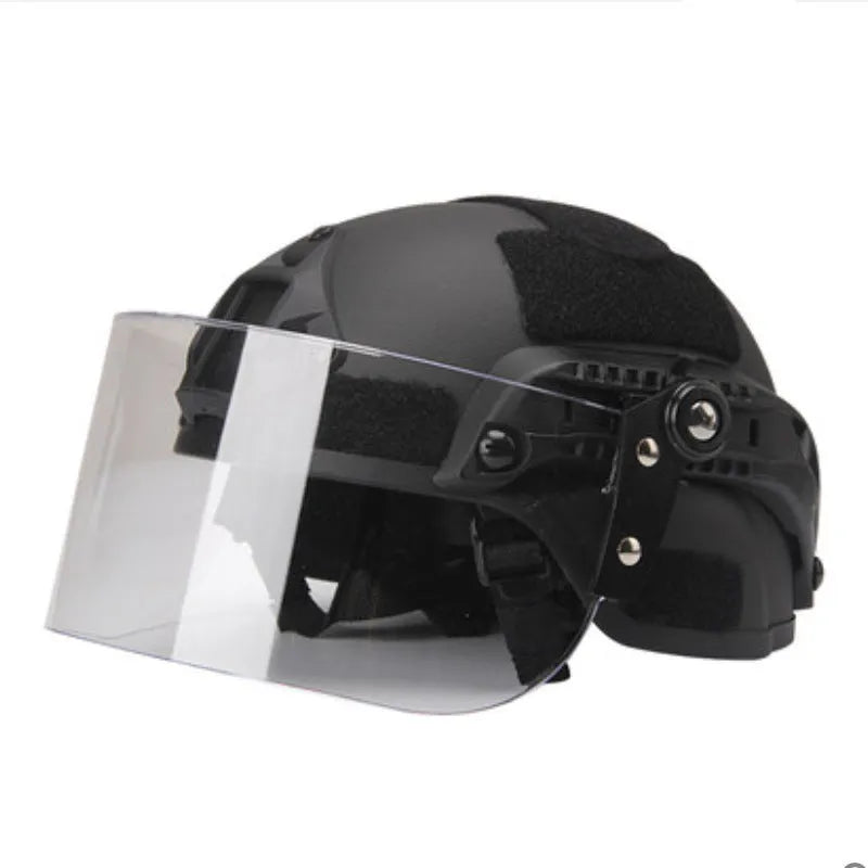 Transparent polycarbonate helmet face protection mask with guide rail mounting