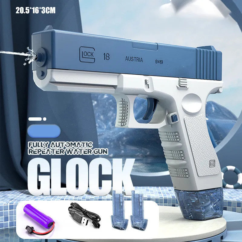 Blue electric water gun with USB charging cable and automatic straw