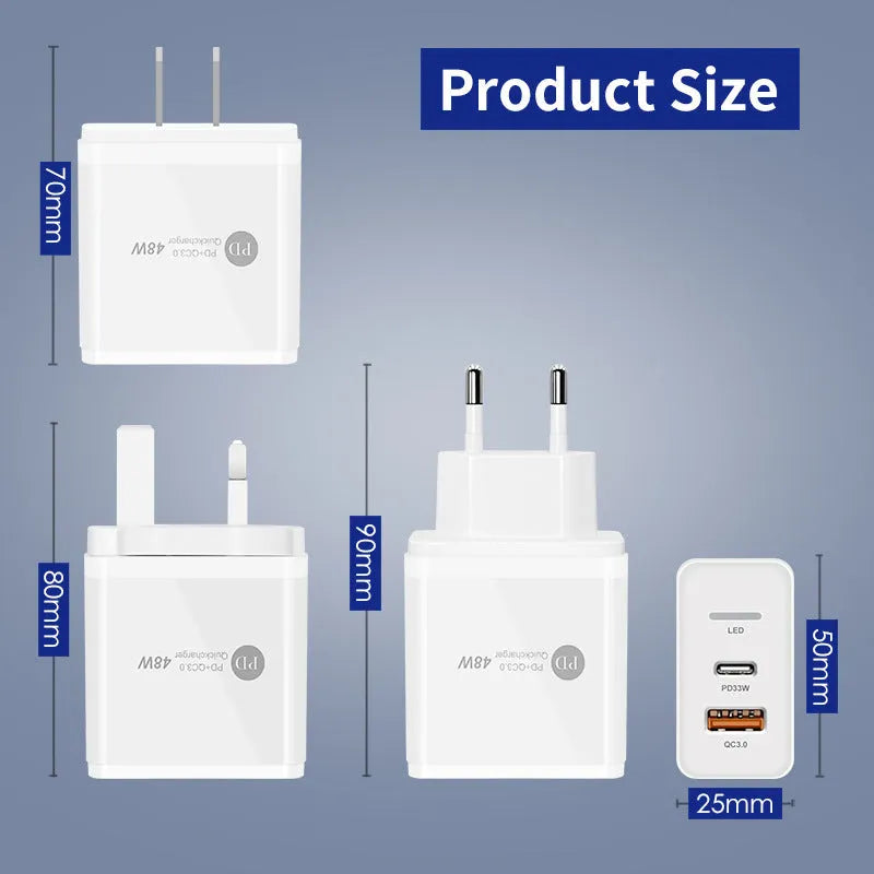 PD48W fast travel charger with UK three-pin plug in black or white colour, showing type-C USB port