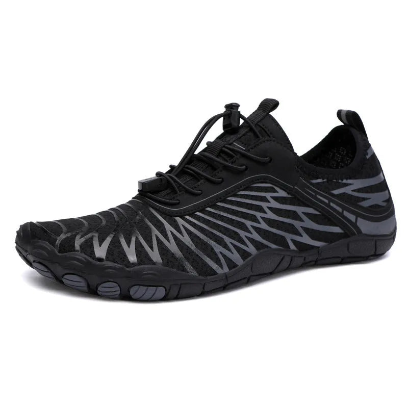 Men's white and black lace-up casual sports shoes with rubber sole on a plain background