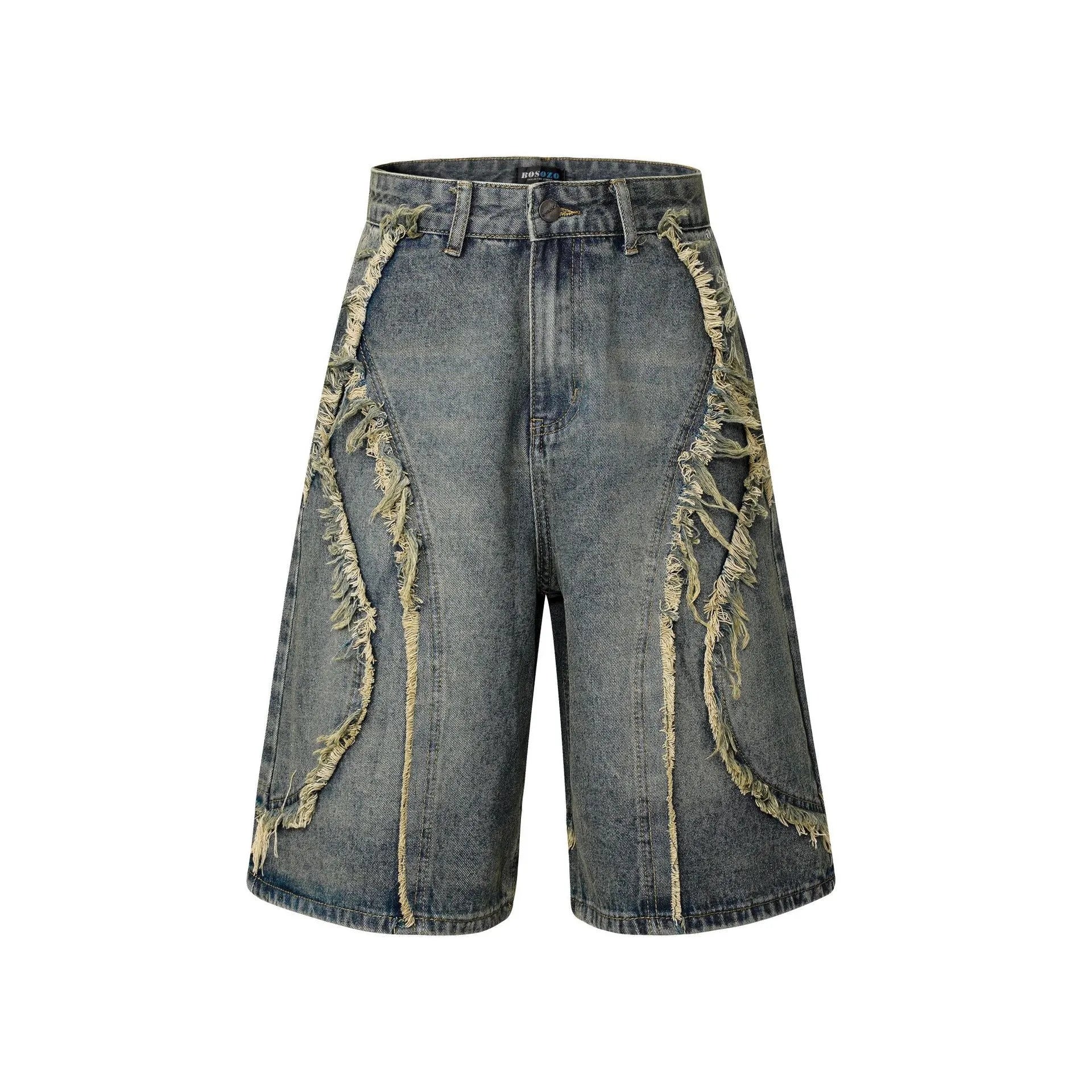 Distressed raw edge denim shorts in black, dark blue, and light blue for hip hop streetwear.