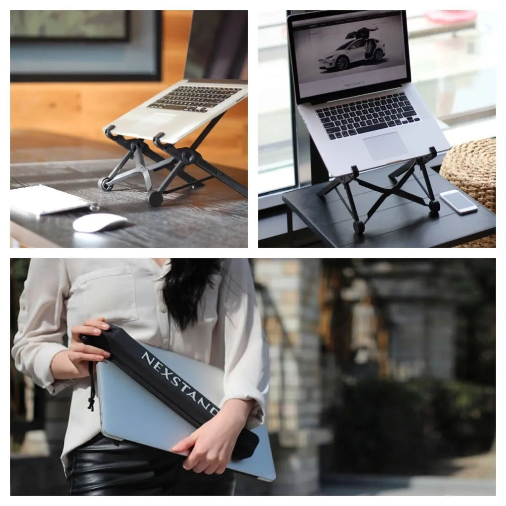Universal portable folding laptop bracket in sagacious black with carrying case