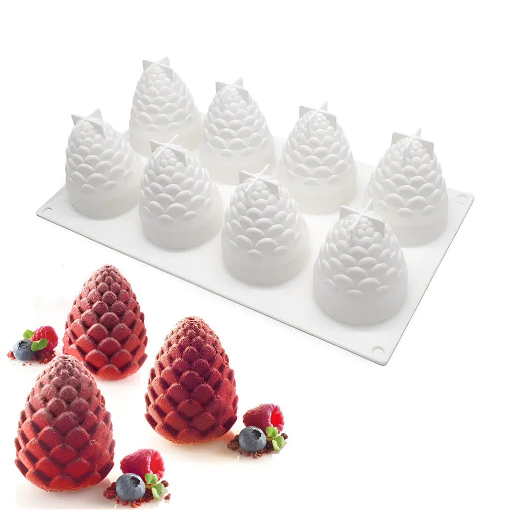 Silicone baking mould with six cavities shaped like pineapples and pine cones for making Italian mousse desserts