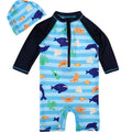 Children's one-piece swimsuit with striped shark pattern, polyester-oxygen blend, size 2-10 yards for ages 1-7