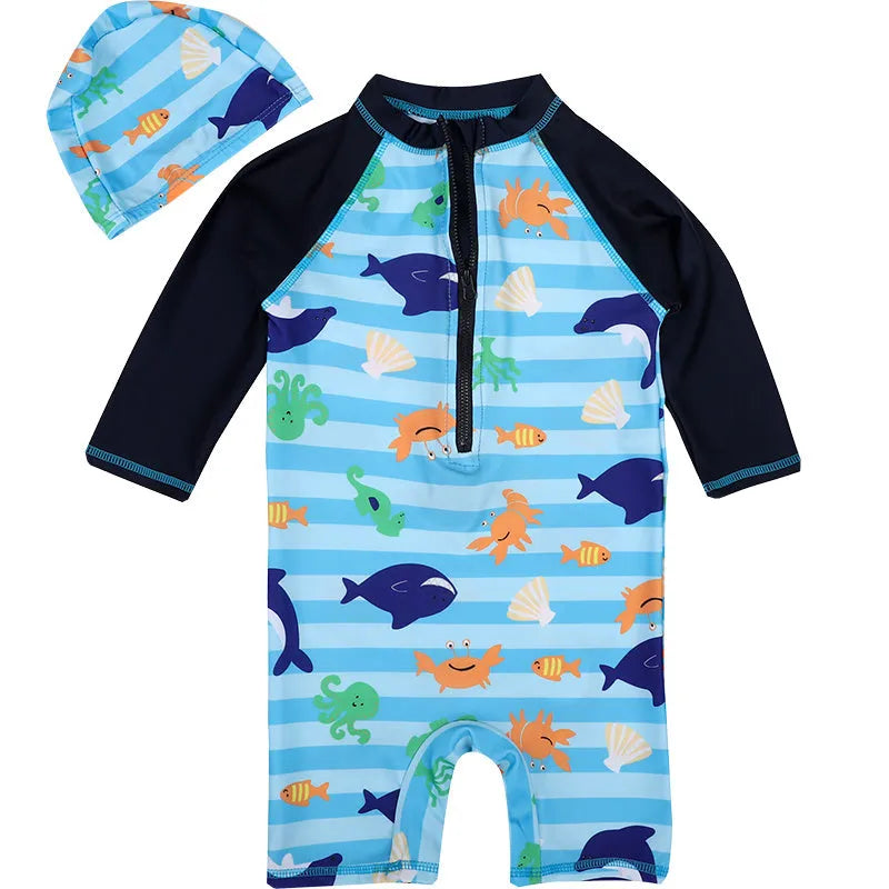 Children's one-piece swimsuit with striped shark pattern, polyester-oxygen blend, size 2-10 yards for ages 1-7