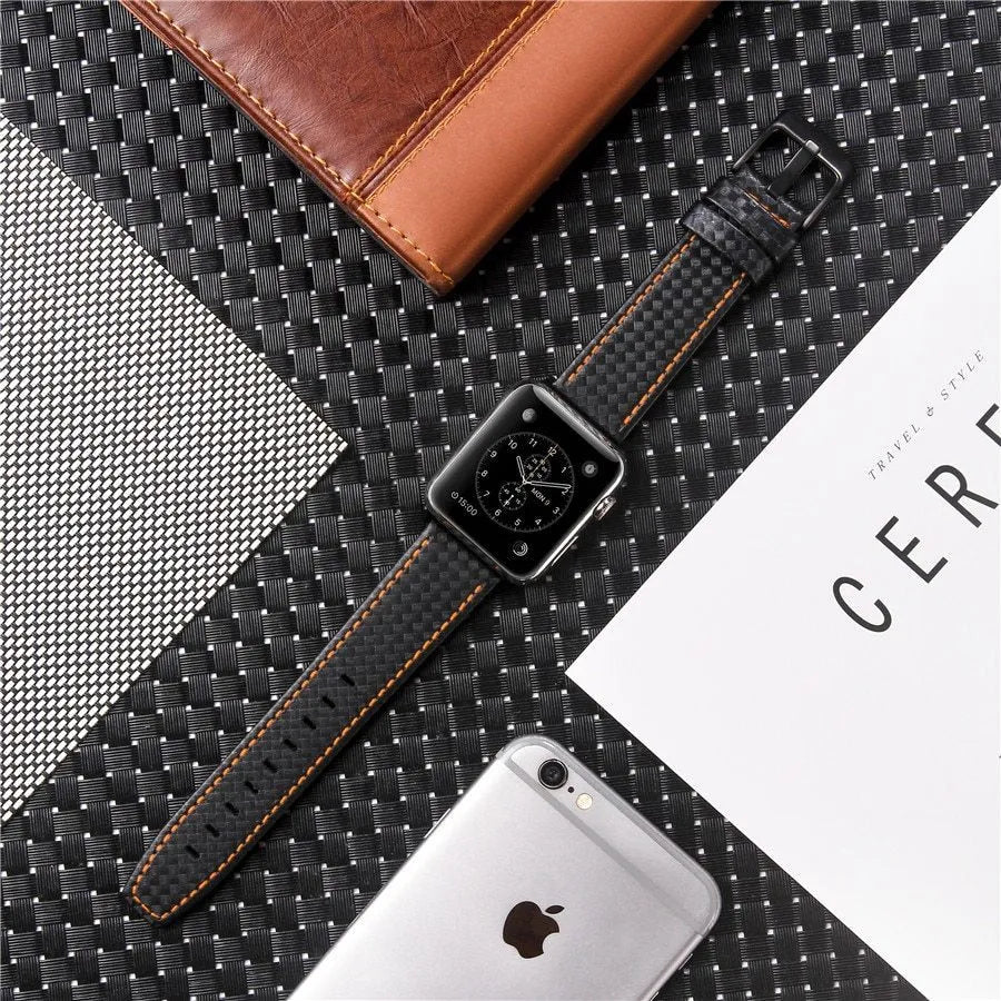 Compatible carbon fibre and leather Apple Watch strap with PC hard case in red, black, orange, and blue colour options.